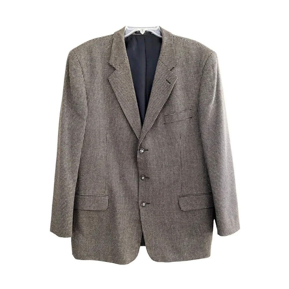 Albert Nipon Mens Size 44R Brown Houndstooth Silk Wool Sport Coat Blazer Jacket